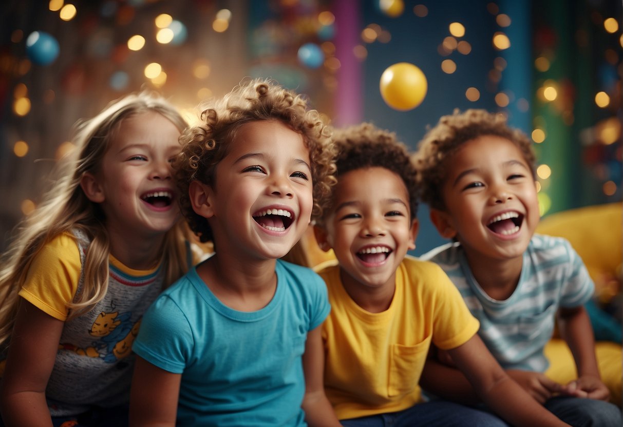 A group of kids laughing and telling jokes in a colorful and playful setting, with bright smiles and animated expressions