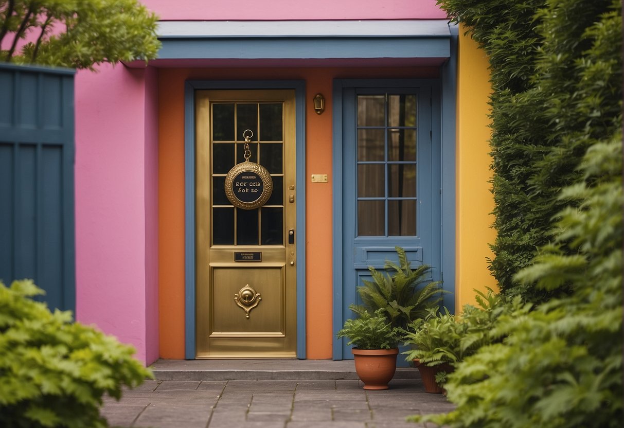 A brightly colored door with a large brass knocker, surrounded by lush greenery and a playful sign that reads "Knock-Knock Jokes for 9 Year Old's"