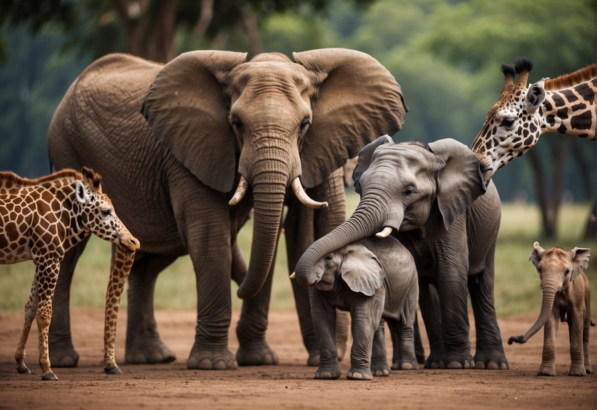 A group of animals, including a monkey, giraffe, and elephant, are gathered in a playful circle, sharing jokes and laughing together