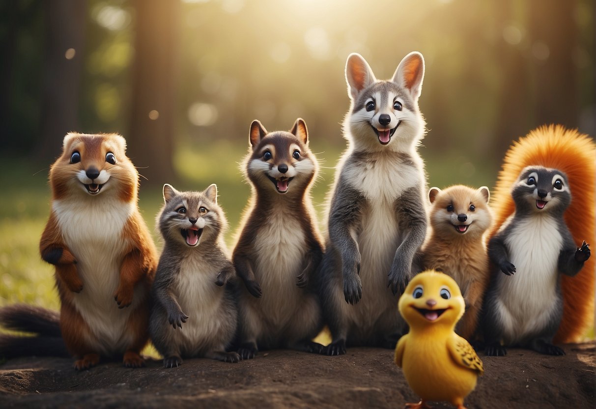 A group of playful animals surrounded by puns and word play, laughing and enjoying the silly jokes