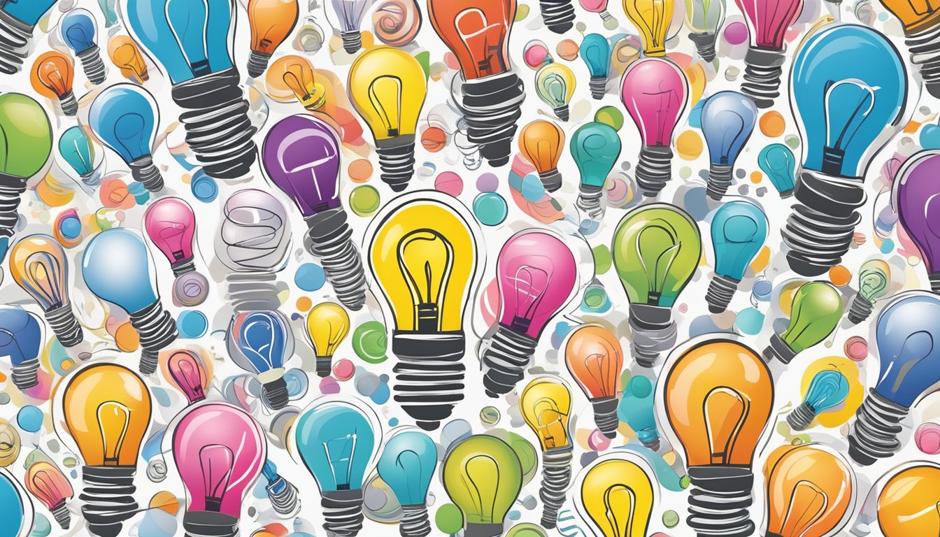 A colorful array of brand name ideas swirling around a lightbulb, symbolizing creativity and innovation in marketing