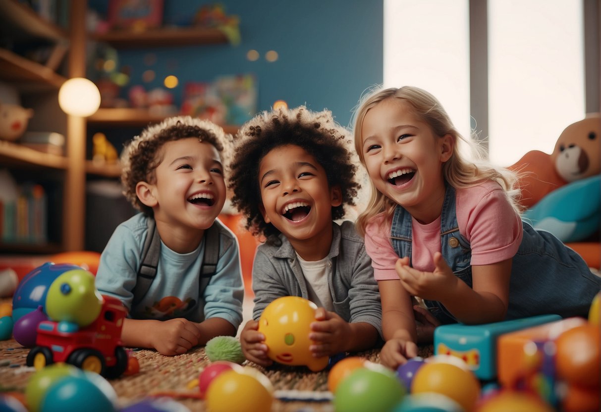 A group of kids laughing and telling jokes in a colorful, playful setting with toys and books scattered around