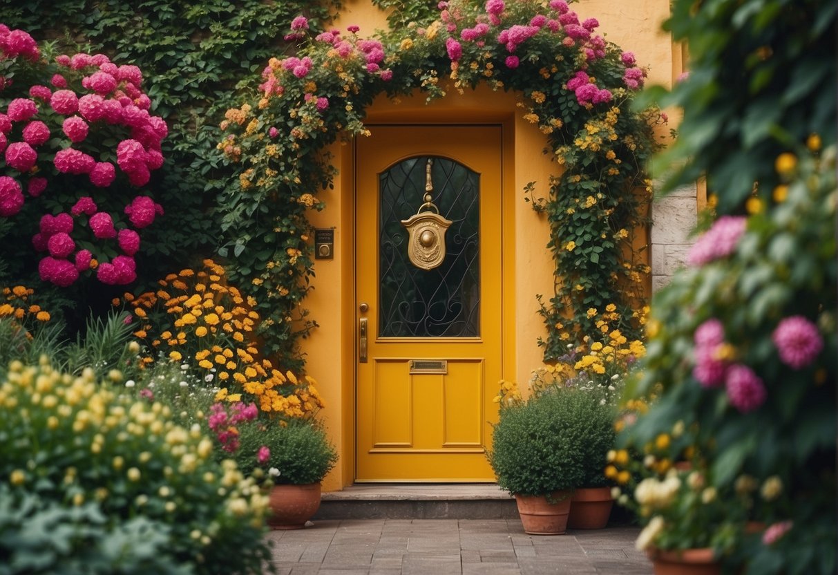 A colorful door with a shiny brass knocker, surrounded by vibrant flowers and playful animals peeking out from behind bushes