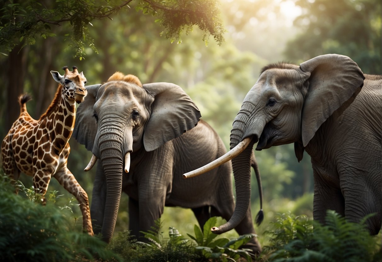 A group of playful animals, including a monkey, giraffe, and elephant, are gathered in a forest clearing, sharing jokes and laughing together
