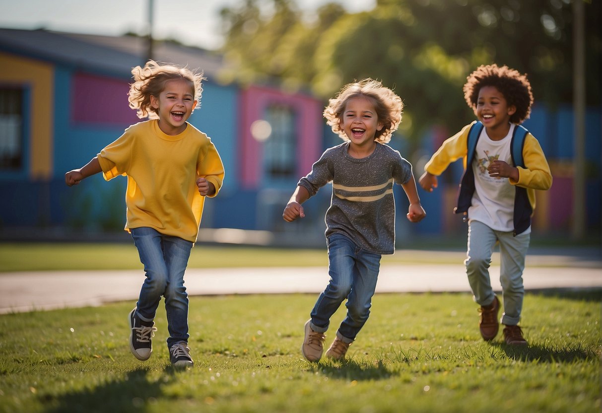 Children play and laugh in a colorful schoolyard. Jokes and giggles fill the air as 8-year-olds share lighthearted moments