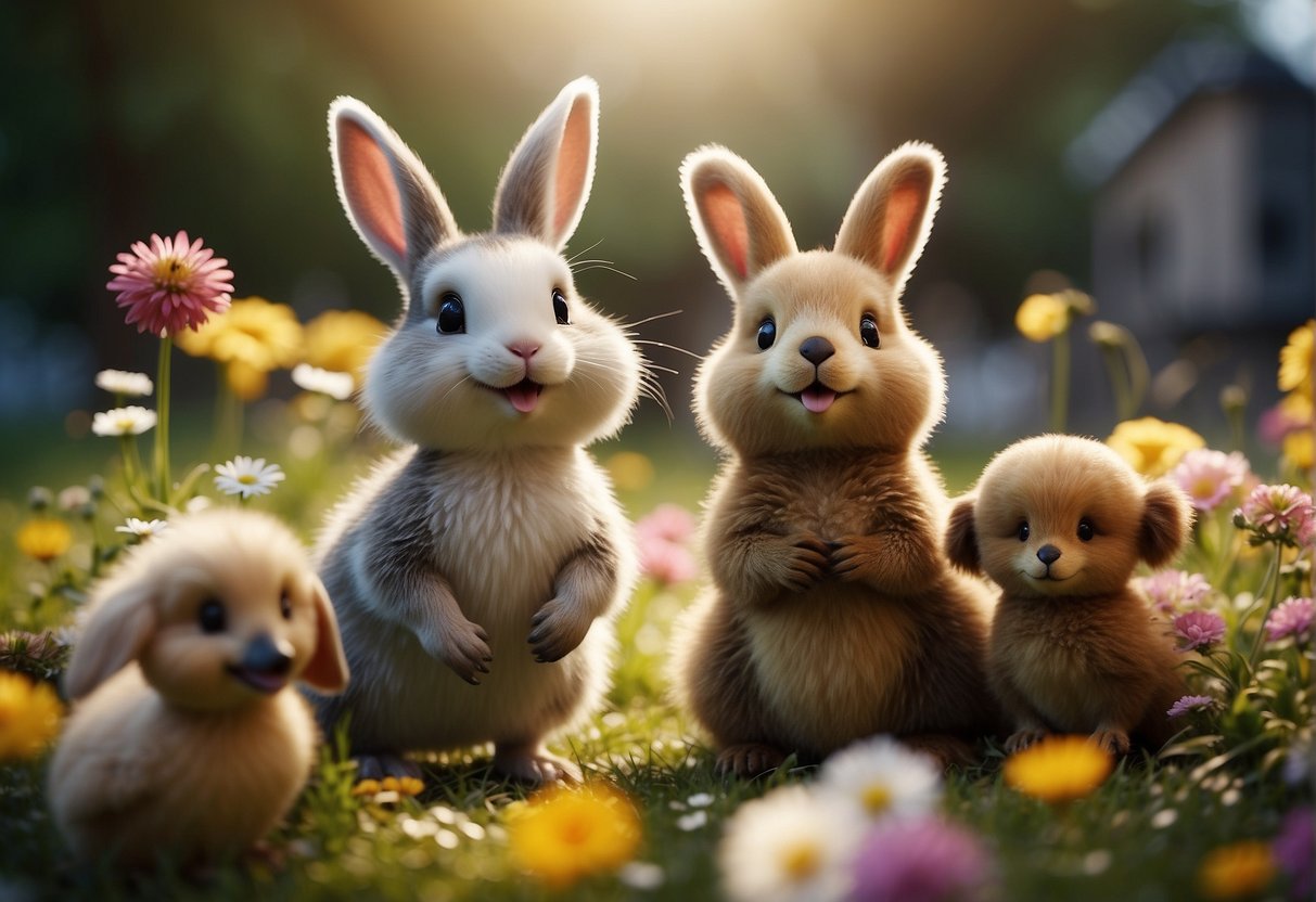 A group of cute animals, like a bunny, a duck, and a bear, are gathered together, laughing and telling jokes. The sun is shining, and they are surrounded by colorful flowers and trees