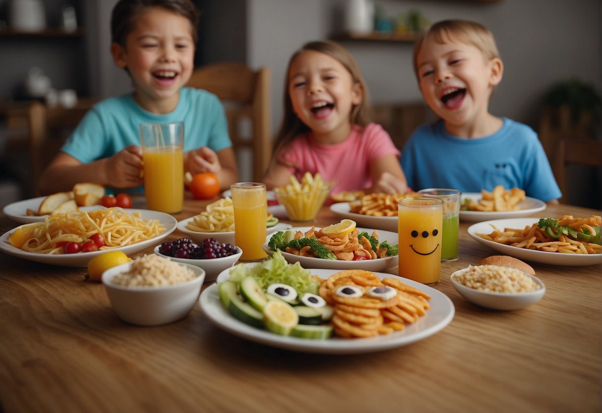 A table with colorful plates of food, each with a funny face drawn on it. A group of 4-year-olds laughing and pointing at the silly food