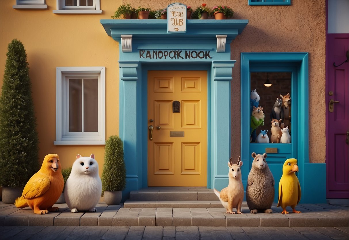 A colorful, whimsical door with a "Knock-Knock" sign. A group of friendly animals and funny characters peeking out, ready to tell jokes