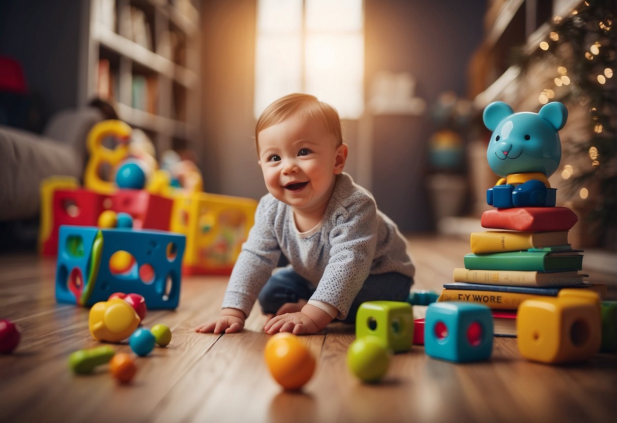 A group of colorful toys and books scattered on the floor, with a child's laughter in the background