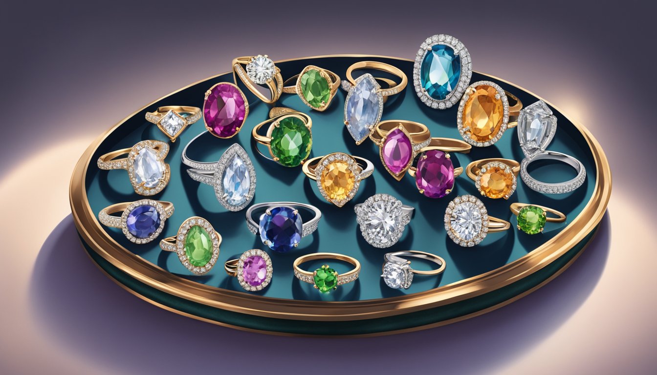 A display of various engagement ring brands arranged on a velvet-lined tray, catching the light and sparkling with diamonds and gemstones