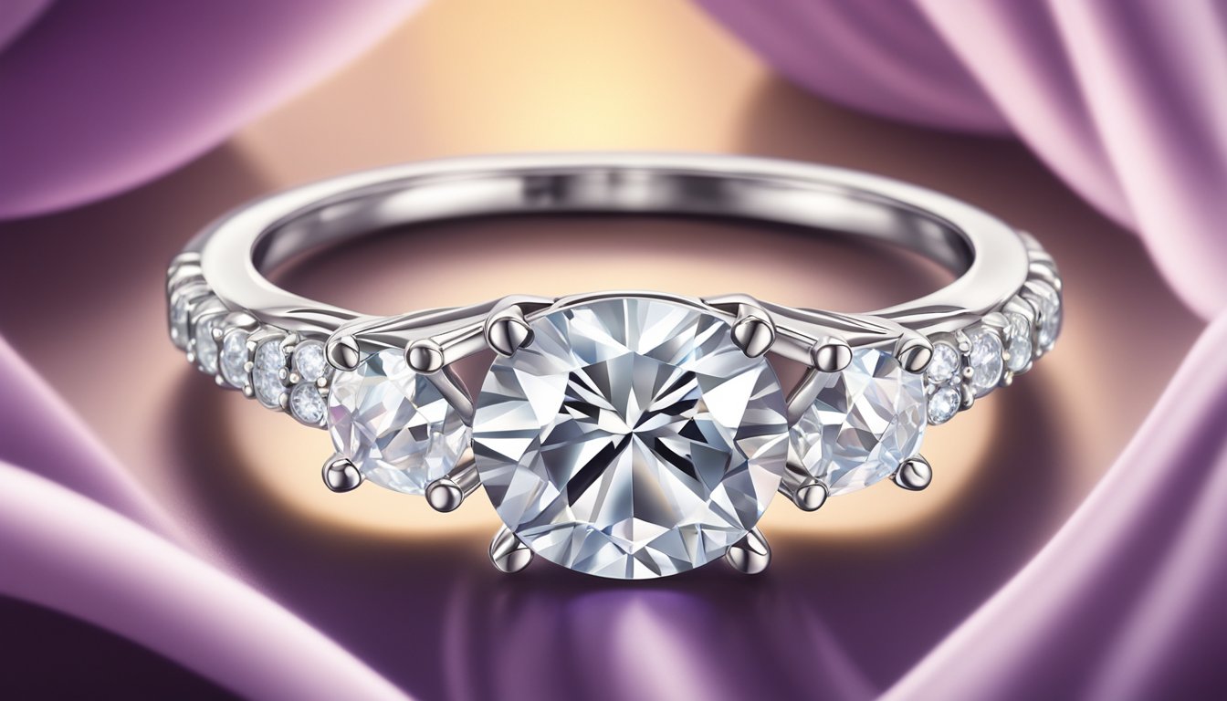 A diamond engagement ring displayed on a velvet cushion, surrounded by soft lighting and a subtle sparkle. Brand logos subtly visible in the background