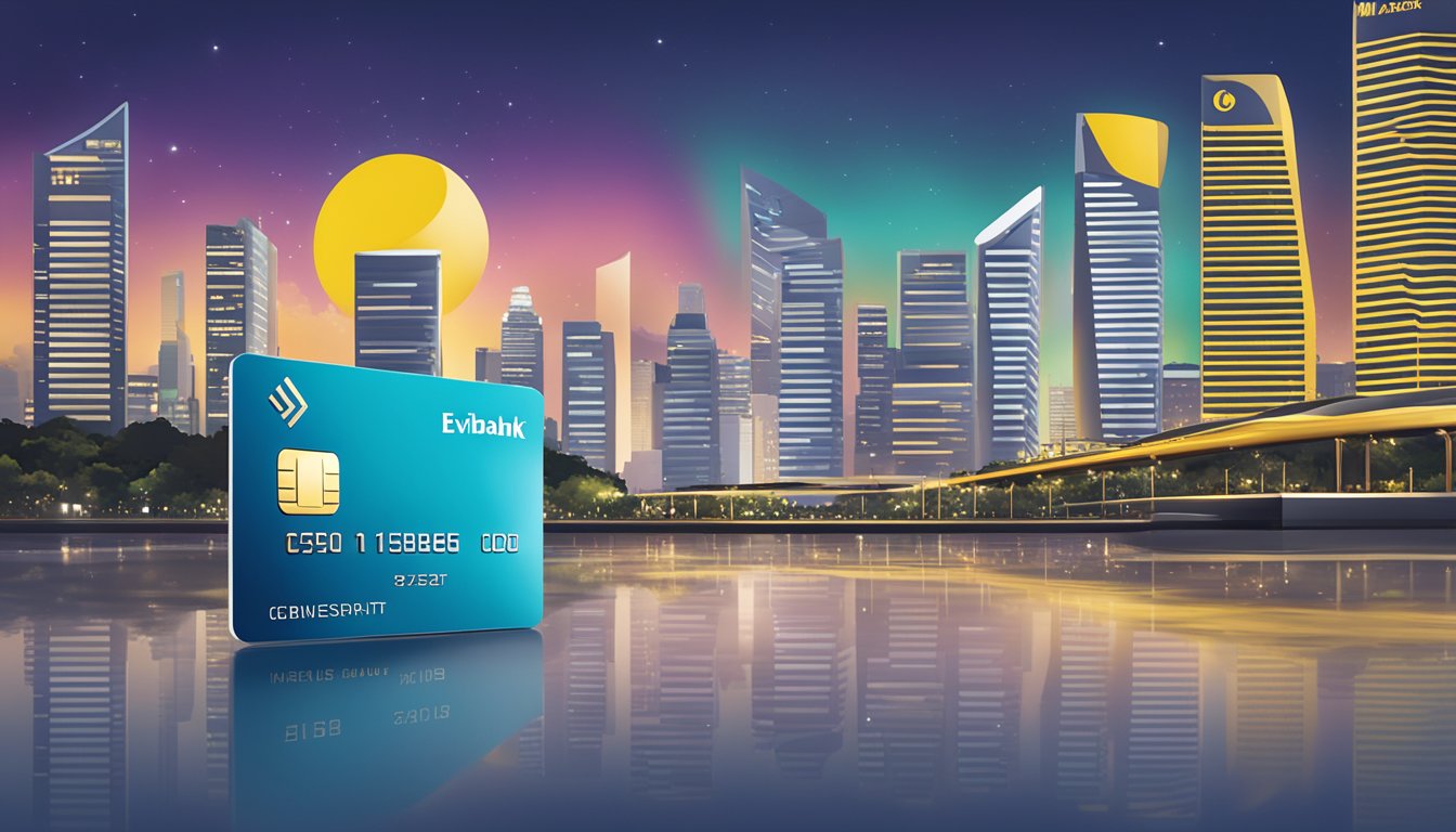 A sleek, modern credit card with the Maybank eVibes logo, set against a vibrant Singapore cityscape backdrop