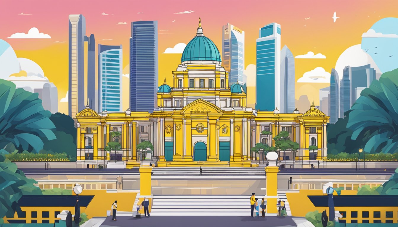 A vibrant Maybank eVibes Card displayed against a backdrop of iconic Singapore landmarks, with a modern and youthful design