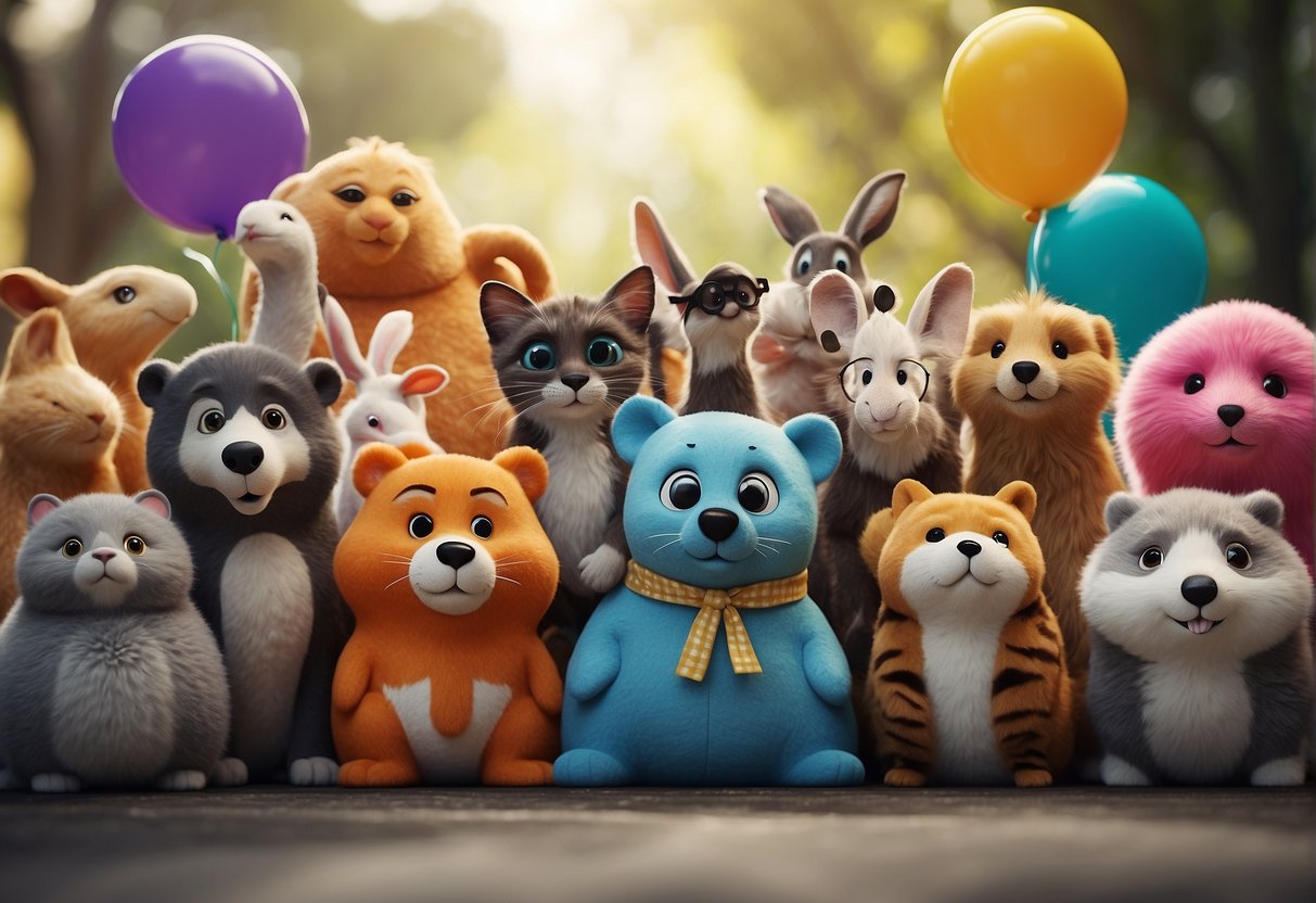 A group of colorful and friendly animals gathered in a playful setting, with speech bubbles containing silly riddles and answers floating above their heads