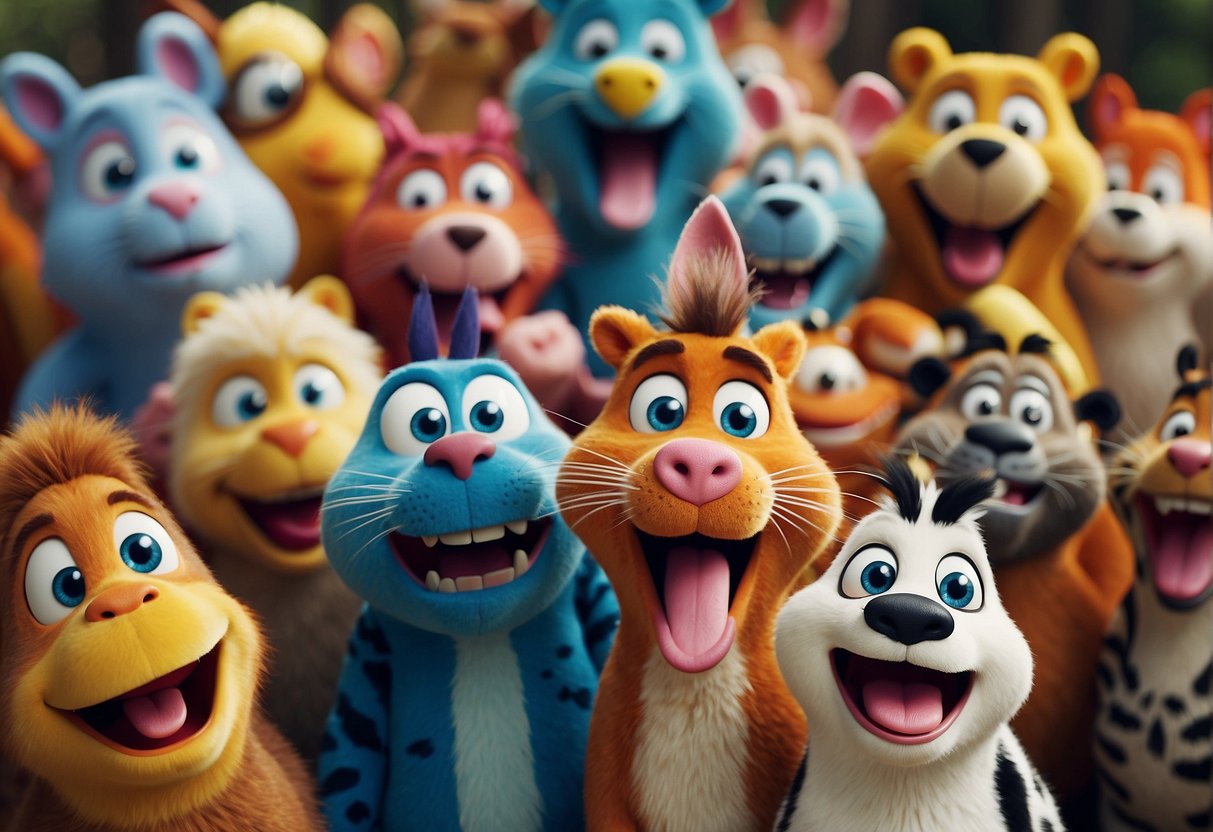 A group of colorful, cartoon animals making silly faces and laughing while saying funny phrases and making silly sounds
