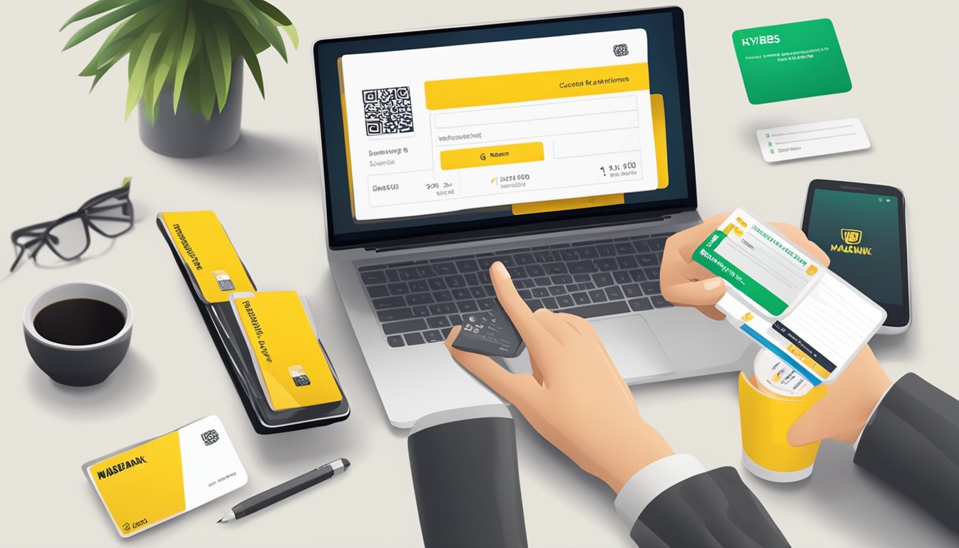 A hand holding a Maybank eVibes Card, with a laptop and smartphone nearby for online application
