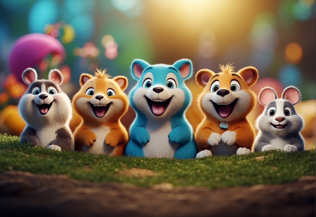 A group of colorful, cartoon animals gathered in a playful setting, laughing and telling jokes. The scene is filled with joy and lightheartedness, with the animals engaging in fun and silly activities