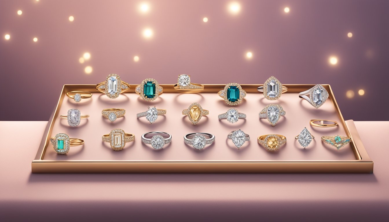 A display of top engagement ring brands arranged on a velvet-lined tray, sparkling under soft lighting
