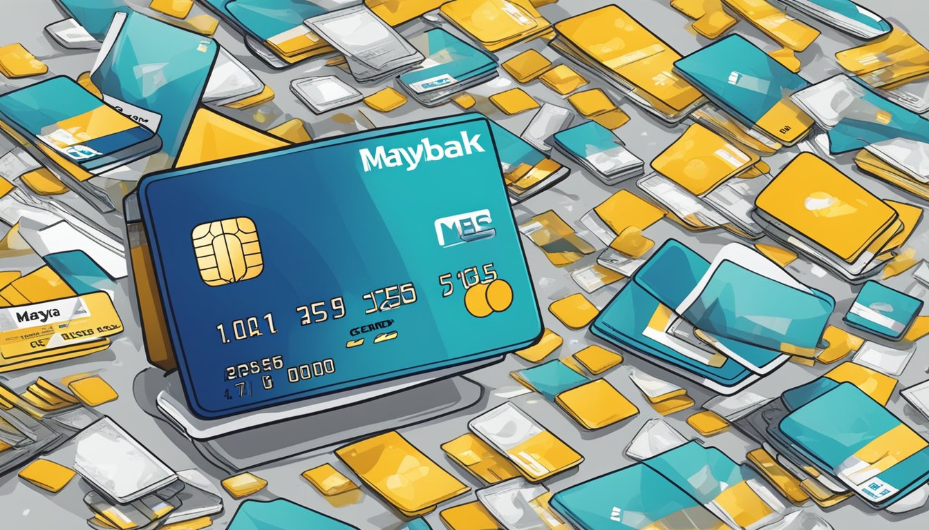 A credit card surrounded by various fees and charges, with a prominent "Maybank eVibes Card Singapore" logo