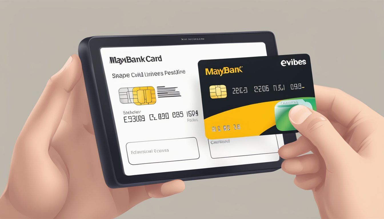 A hand holding a Maybank eVibes card with a credit limit and a repayment option displayed on a digital screen