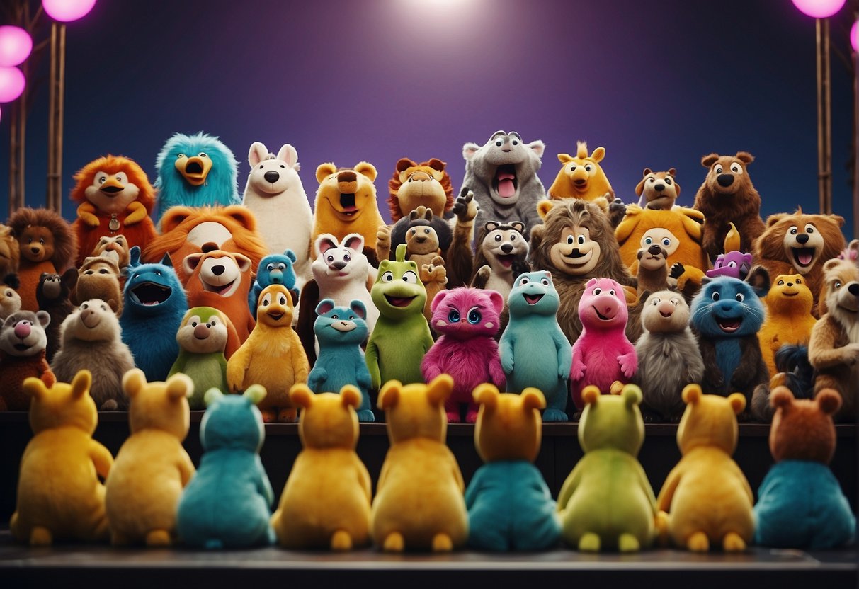 A group of colorful, cartoon animals telling jokes on a stage with a laughing audience of young children