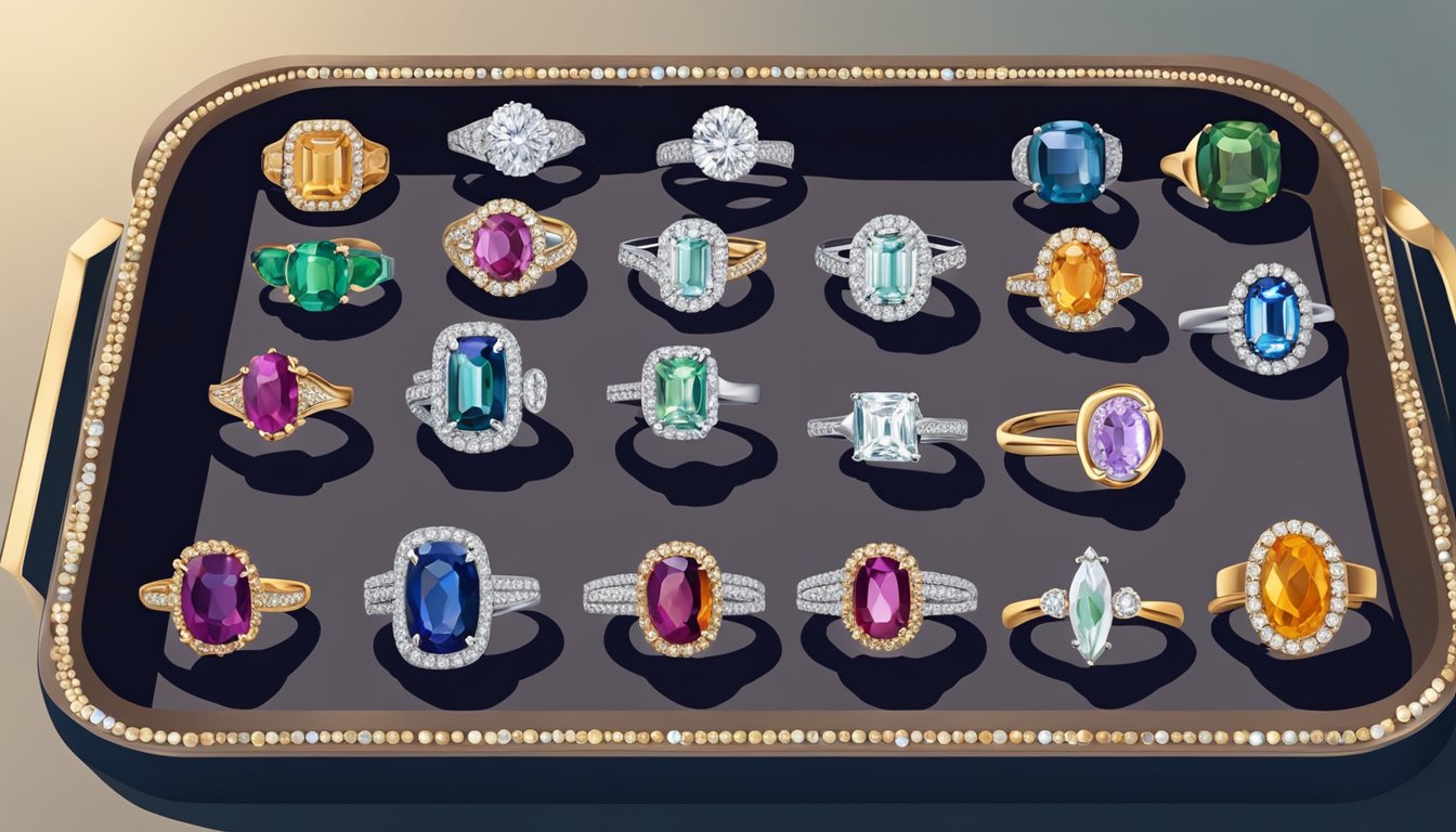A display of various metal and gemstone engagement rings arranged on a velvet-lined tray, under soft lighting to showcase their brilliance and craftsmanship