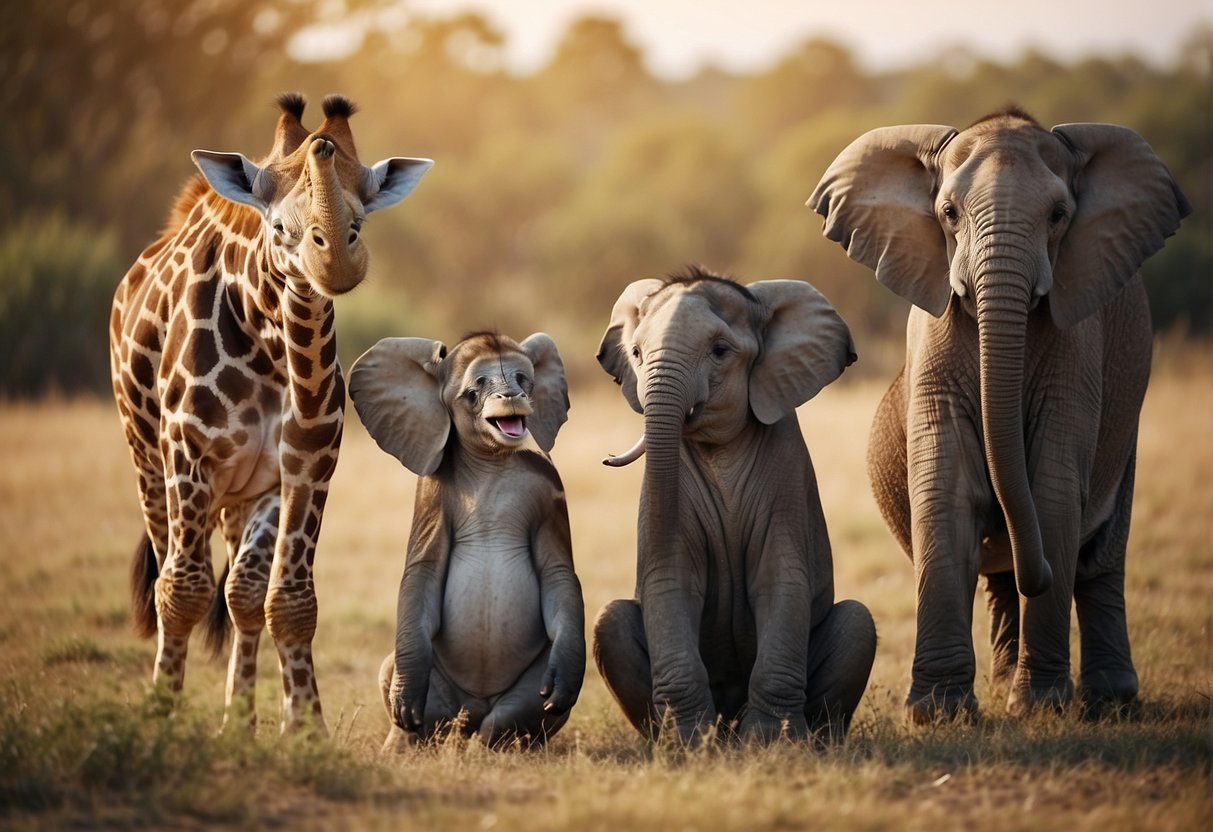 A group of animals, including a monkey, giraffe, and elephant, are gathered together, laughing and telling jokes in a playful and lighthearted manner