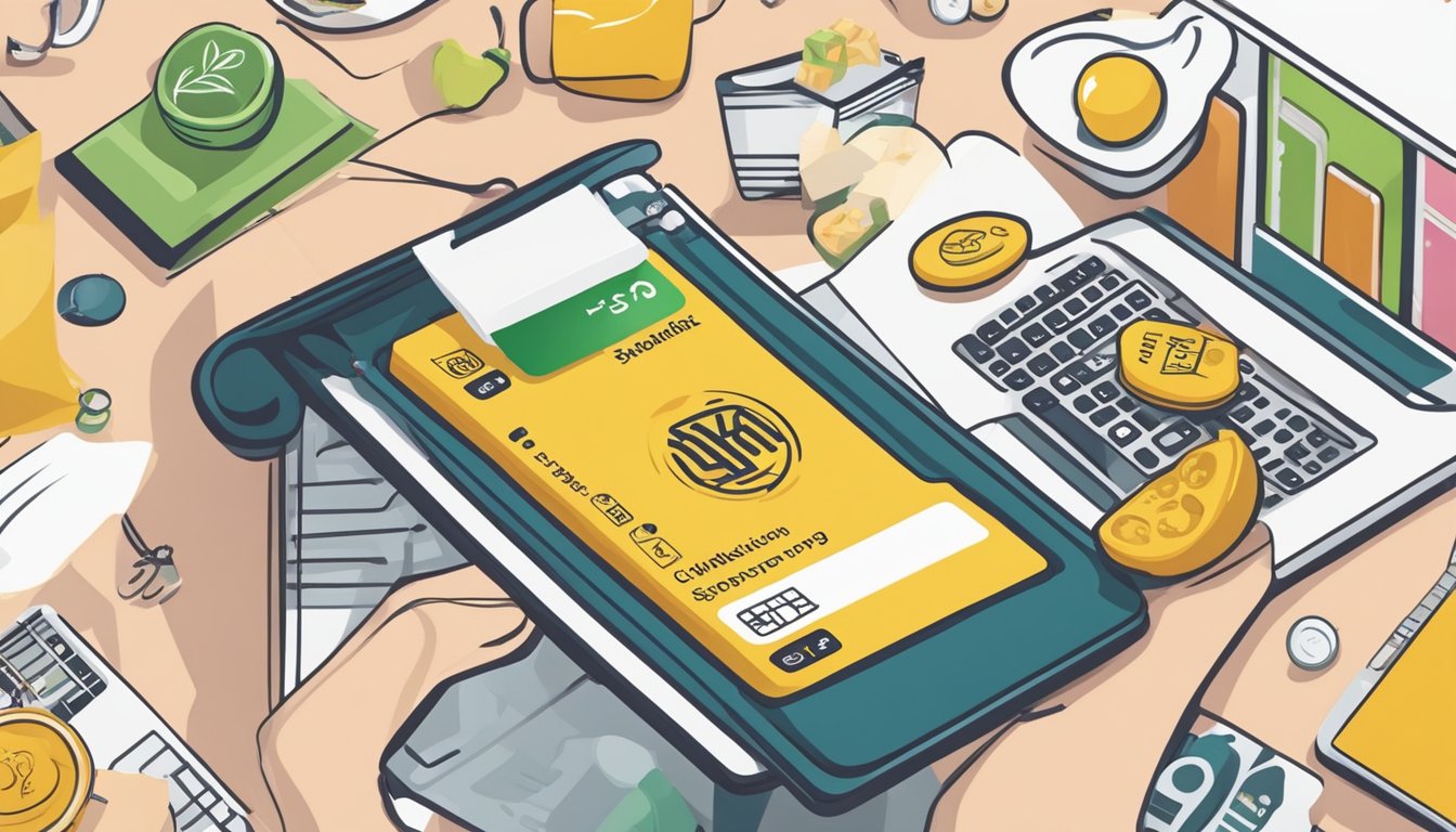 A hand holding a Maybank eVibes card, surrounded by symbols of online shopping and dining, with a scale showing pros and cons