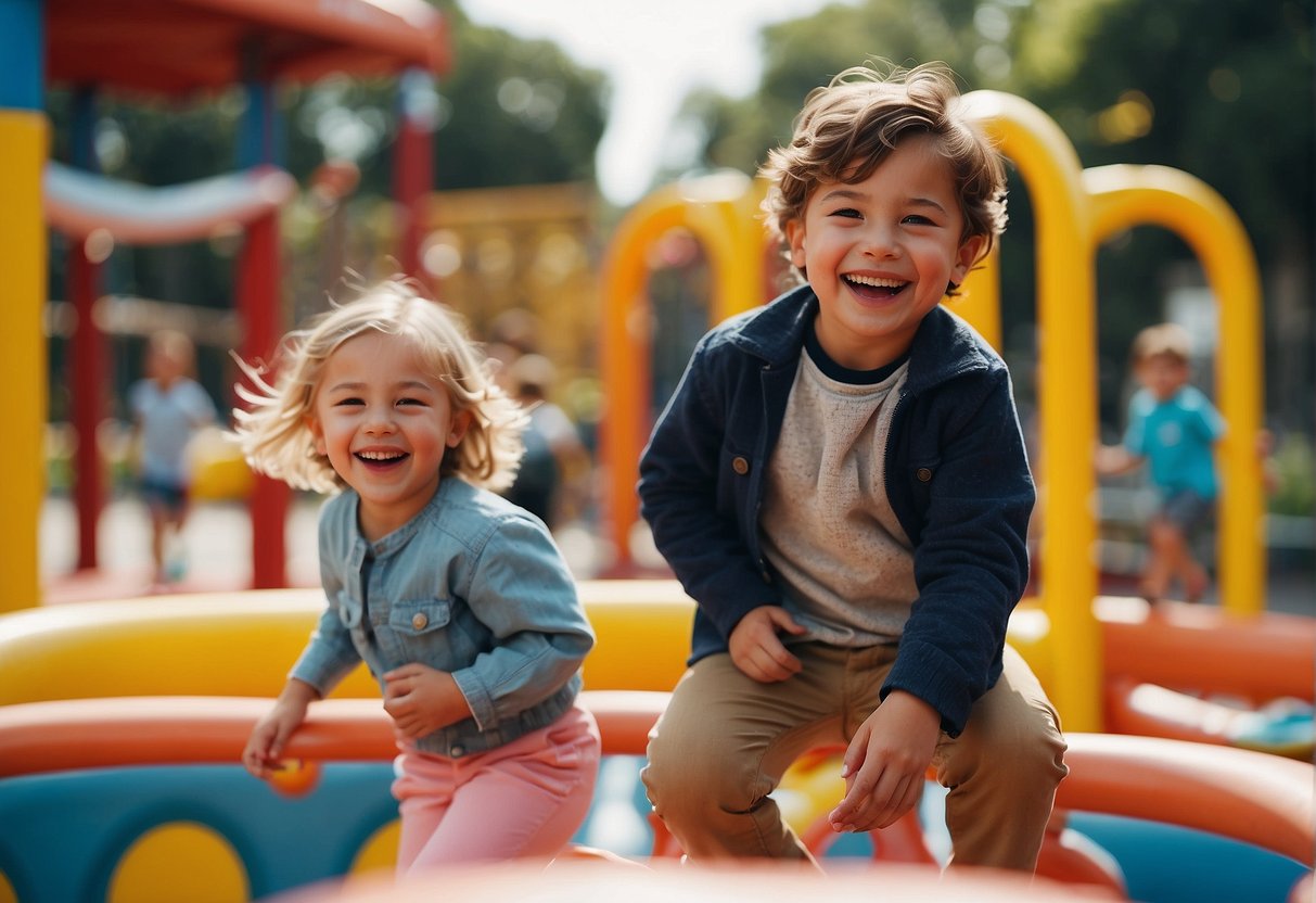 Children playing and laughing in a colorful playground, telling jokes and sharing smiles