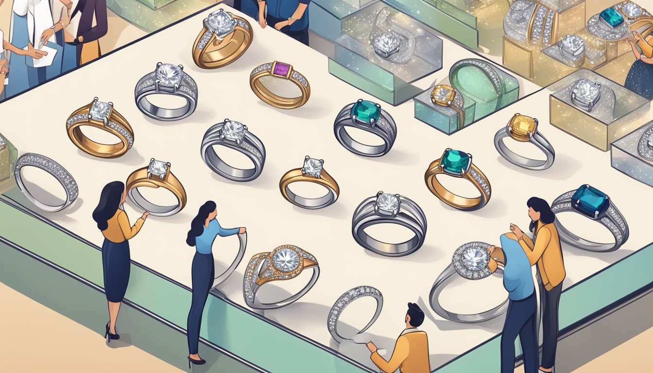A display of engagement ring brands with labels and prices, surrounded by customers browsing and asking questions to staff