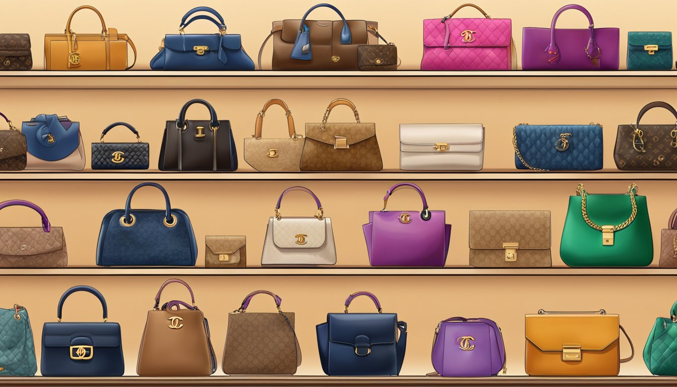 Various designer handbags arranged on a display shelf, showcasing popular brands like Chanel, Gucci, and Louis Vuitton