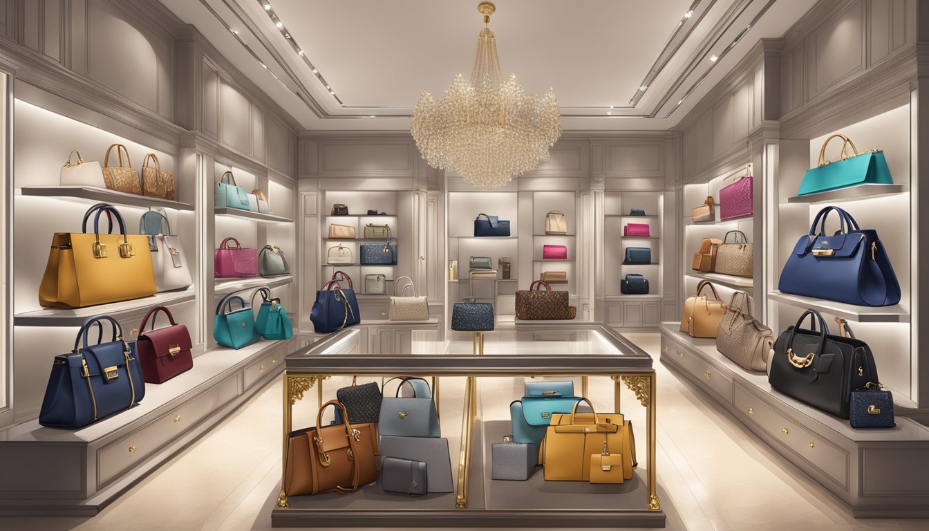 A display of luxury handbags in a high-end boutique, featuring elegant designs, exquisite materials, and iconic logos