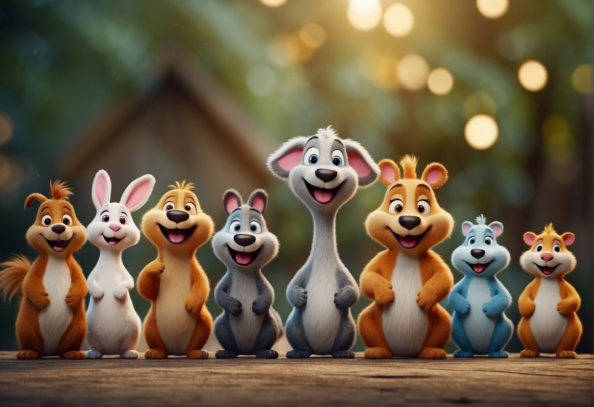 A group of colorful, cartoon animals telling jokes in a playful, whimsical setting. Laughter and joy fill the air as the animals share silly jokes with each other