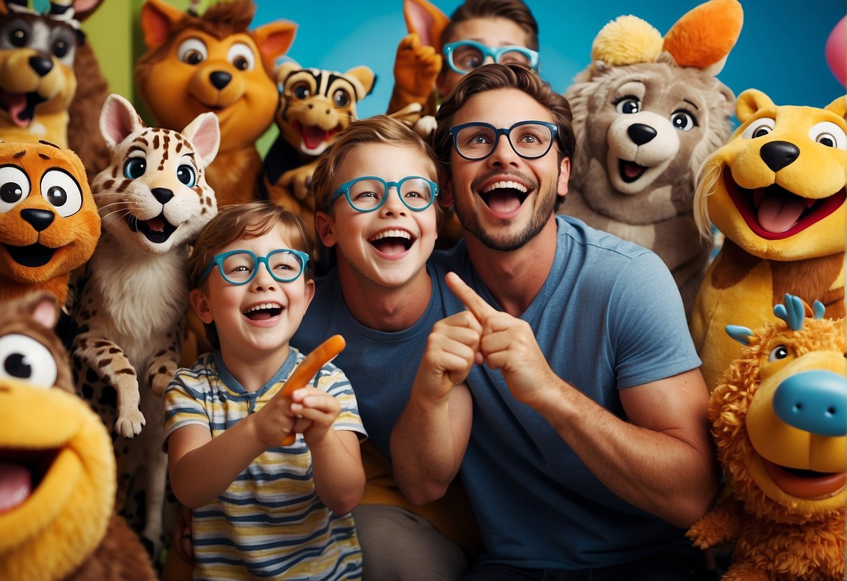 A group of colorful, cartoon animals gather around a 5-year-old, laughing and smiling as the child tells a silly joke. The animals are holding props like oversized glasses and rubber chickens, adding to the playful atmosphere