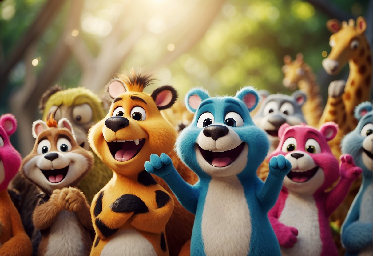 A group of colorful, cartoon animals gathered around telling jokes, with big smiles and laughter filling the air