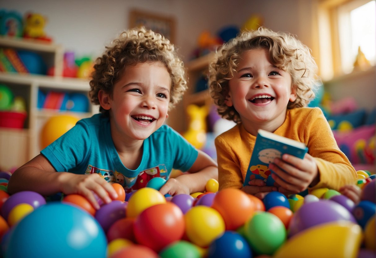 A colorful, whimsical room filled with toys and books. A group of young children laughing and sharing silly jokes, surrounded by bright, happy colors