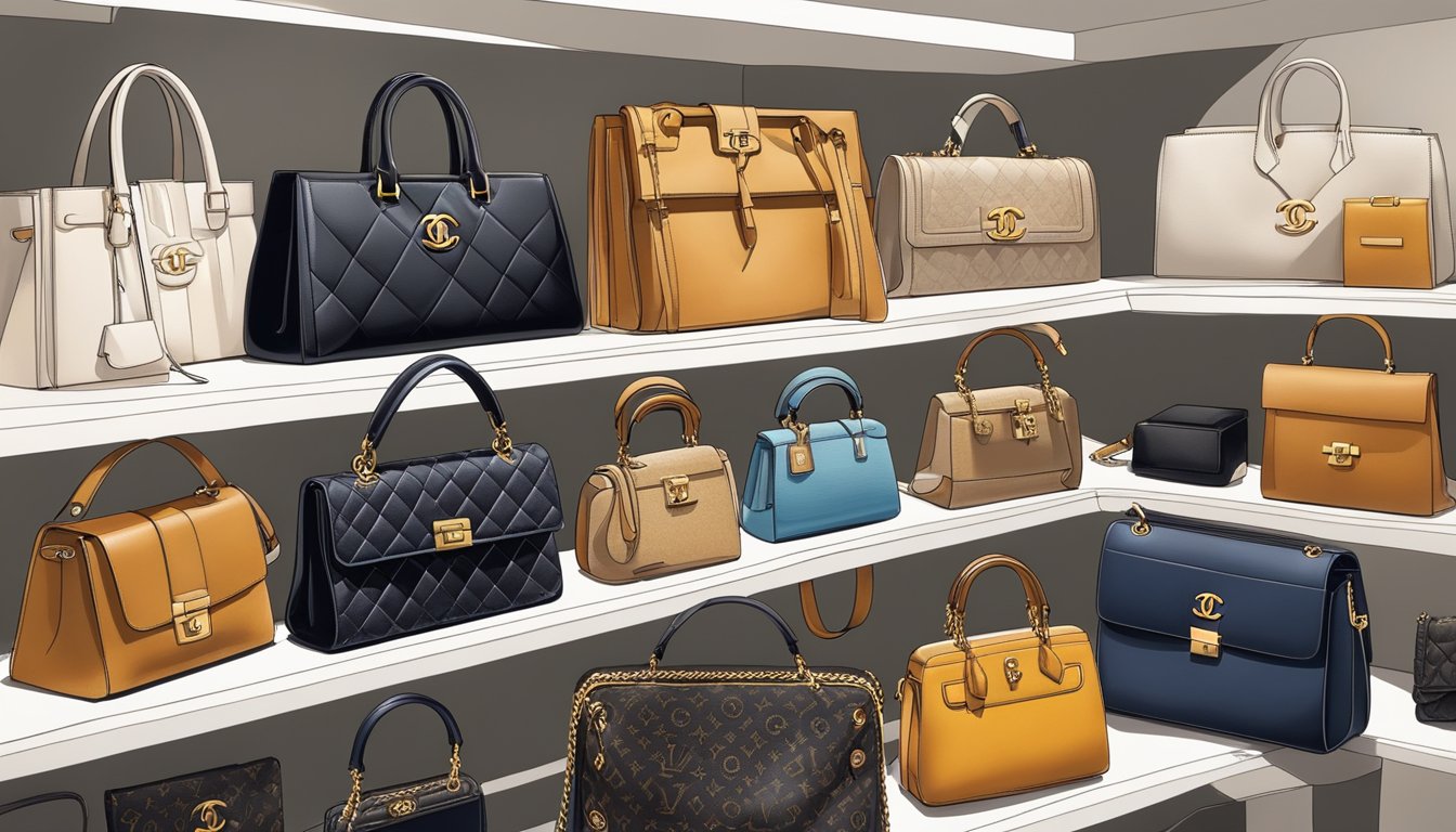 A display of luxury handbags from top brands, showcasing timeless designs and high-quality materials. Labels such as Chanel, Hermes, and Louis Vuitton are prominently featured, hinting at their investment value and potential resale appeal