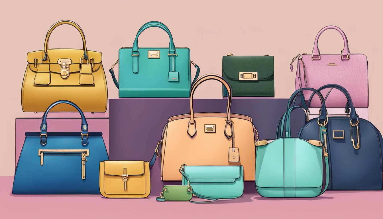 A display of trendy ladies' handbags from various brands, showcasing different styles, colors, and materials