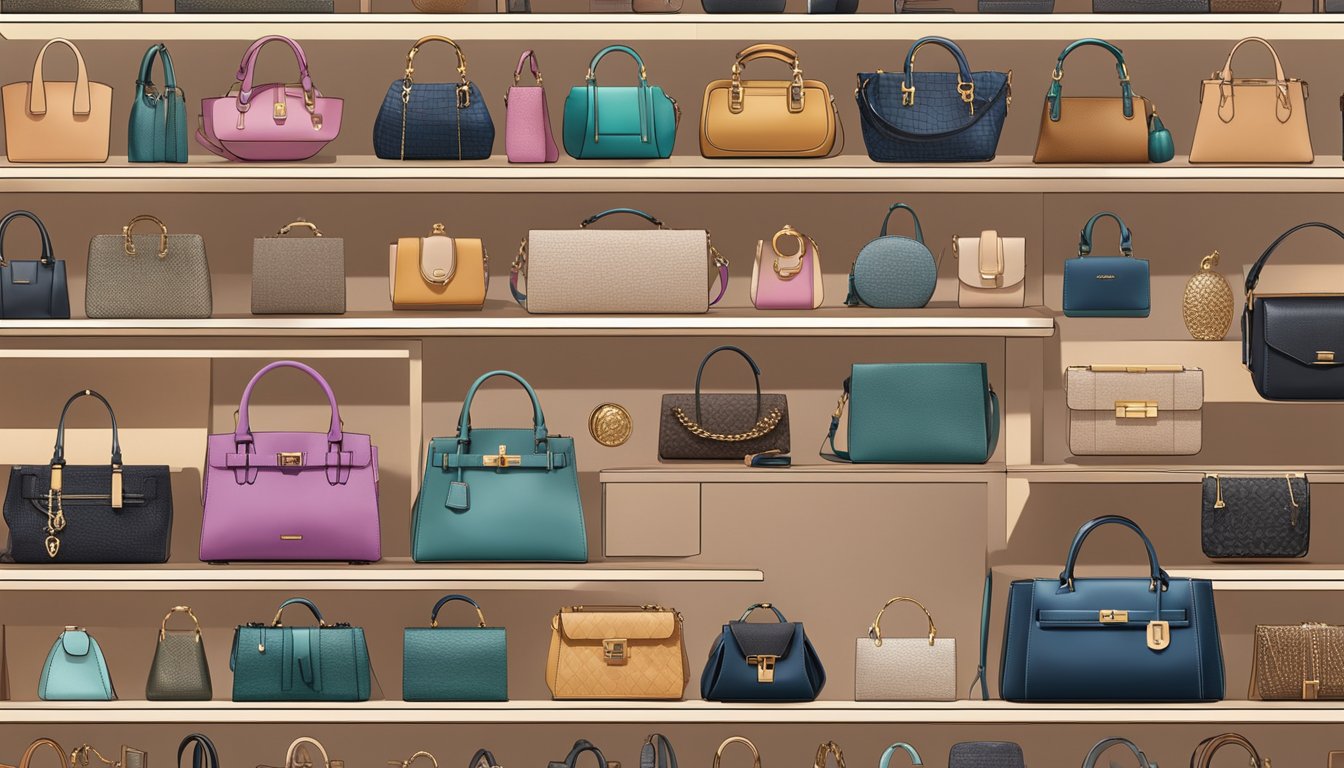 A display of top ladies' handbag brands arranged on a sleek, modern shelf with soft lighting highlighting their luxurious textures and intricate details