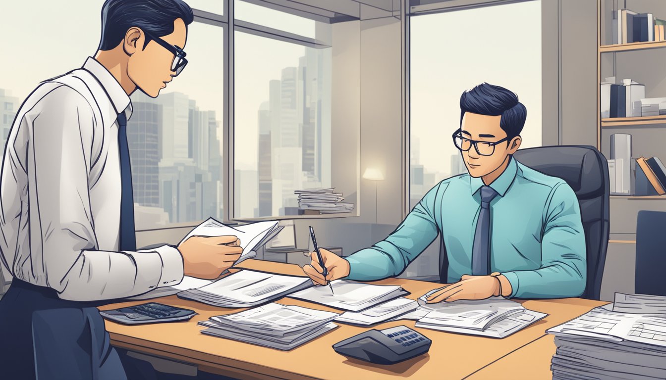 A money lender in Singapore processes monthly repayments, with paperwork and a calculator on the desk. The lender and borrower are discussing terms in an office setting