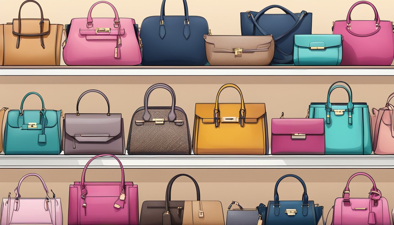 A display of trendy handbags from popular brands arranged neatly on shelves