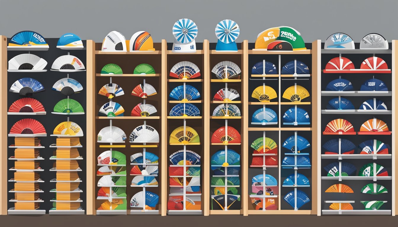 Various fan brands displayed on shelves, with logos and product names clearly visible. Different sizes and styles of fans are arranged neatly for easy viewing