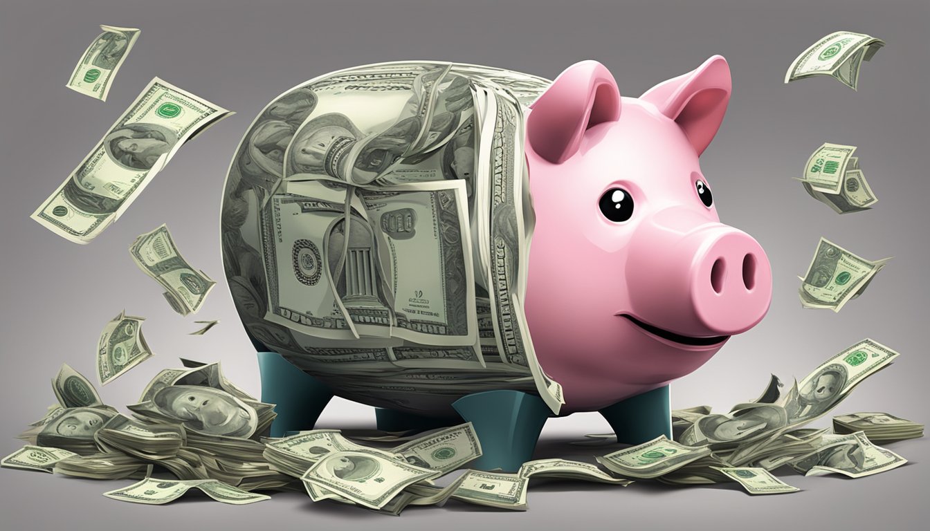 A broken piggy bank surrounded by a menacing money lender sign