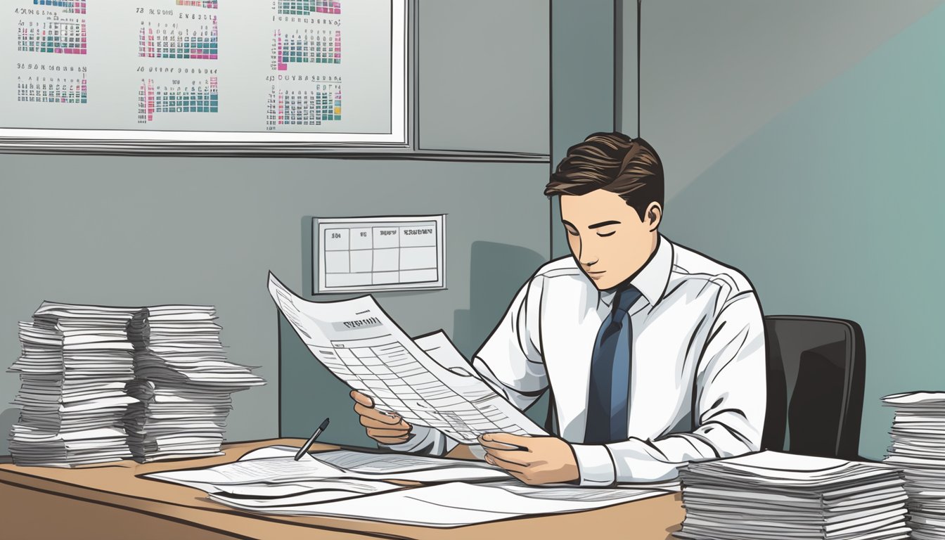 A person sits at a desk, reviewing loan documents. A calendar on the wall shows monthly dates. A calculator and pen are nearby