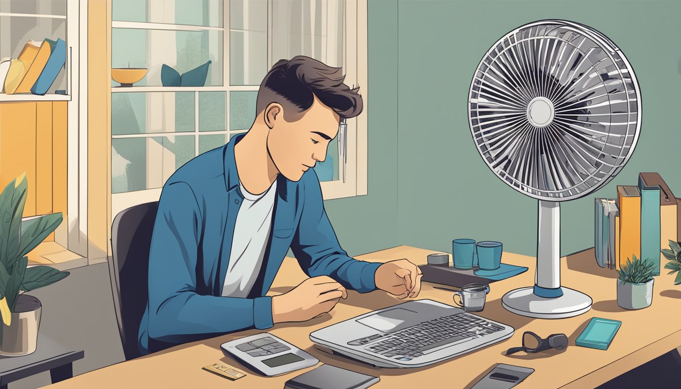 A person comparing different fan brands on a table with specifications and features listed, surrounded by various types of fans
