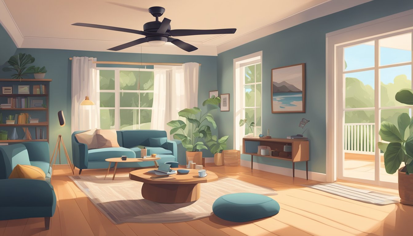 A cozy living room with a ceiling fan spinning quietly above, casting a gentle breeze. A remote control sits on a nearby table, ready to adjust the fan speed and direction for maximum comfort