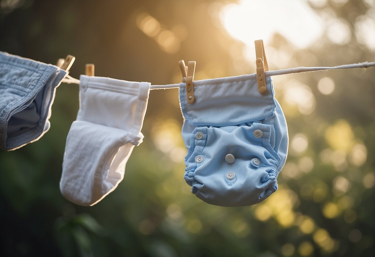 A cloth diaper hangs on a clothesline, while a stack of folded cloth diapers sits nearby. A diaper pin rests on the edge of the stack