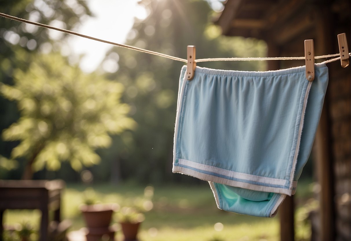 A cloth diaper hanging on a clothesline next to a wooden washboard and a basin of water, with a historical setting in the background