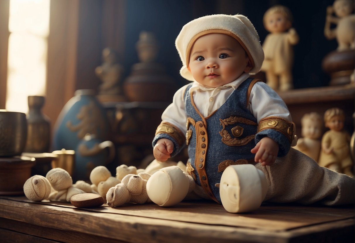 A historical figure invents the first diaper, surrounded by cultural symbols and artifacts
