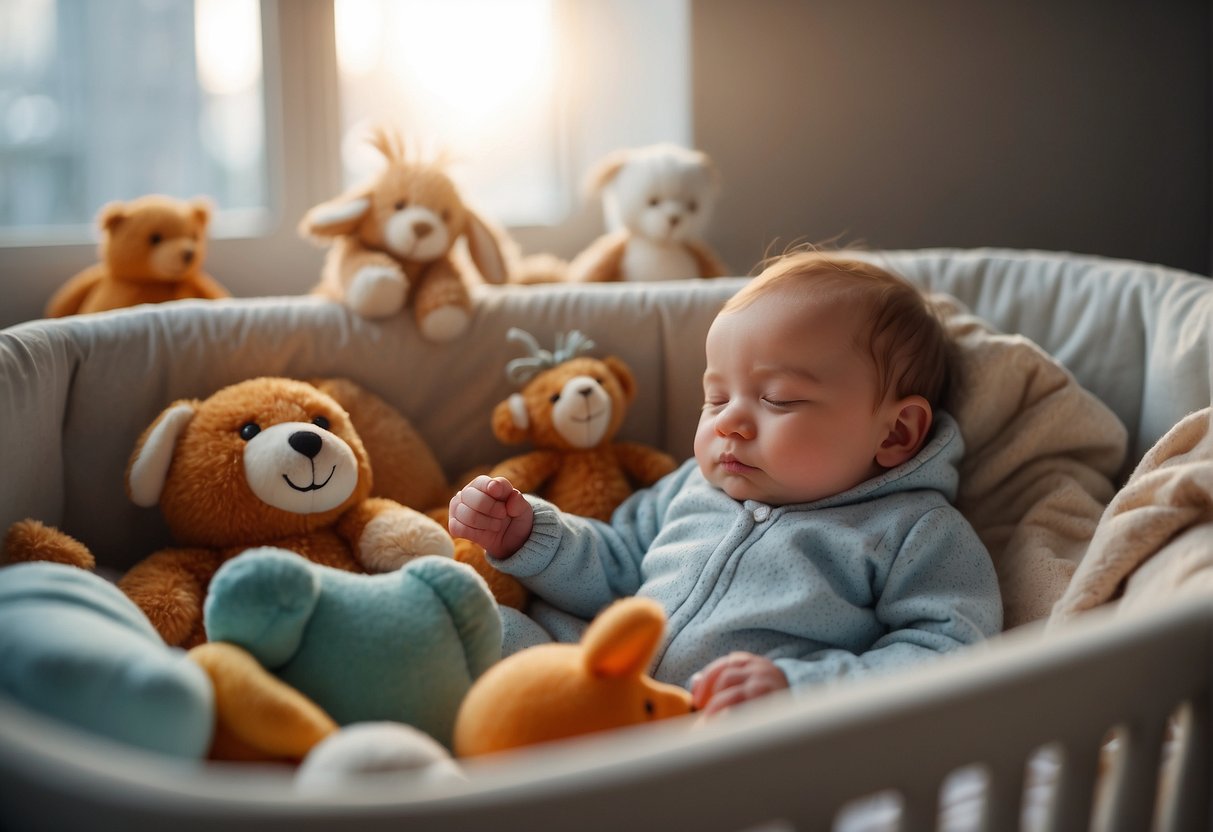 A peaceful baby sleeps soundly in a playpen, surrounded by soft blankets and toys, with gentle light filtering in from a nearby window